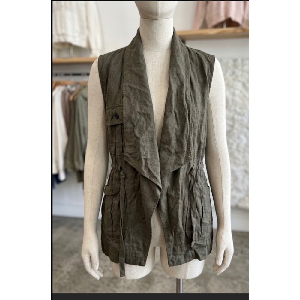Sanctuary Clothing Olive Green Linen Utility Vest Draped Cargo Pockets Sz A40